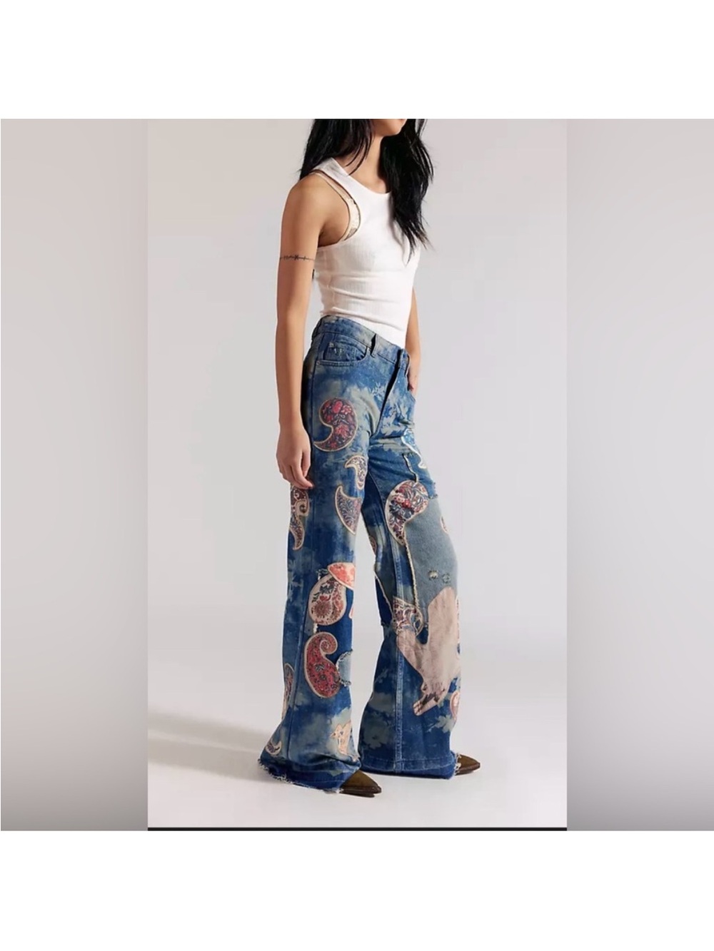 Free People Flying High  Patched  Wide-Leg Jeans  24